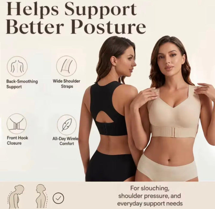 JellyLift bra in black and beige with front and back views and support feature callouts