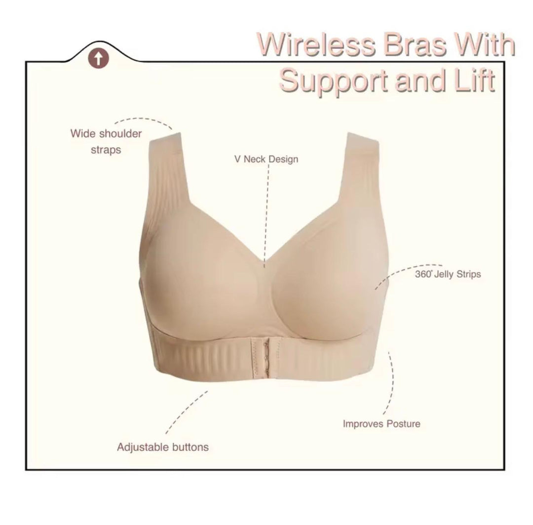 Beige JellyLift wireless bra with callouts for the V neckline, wide straps and front fastening