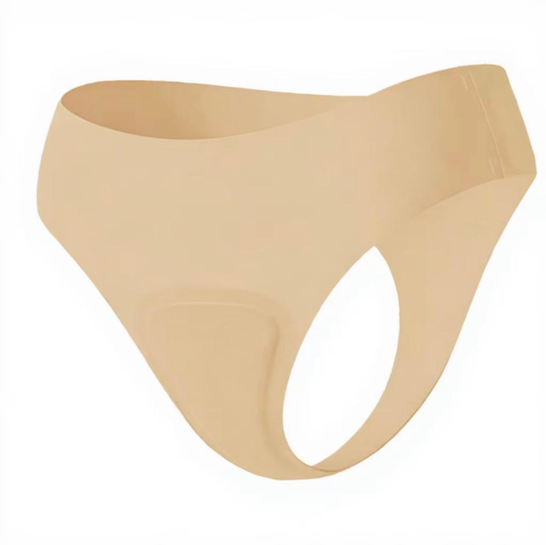 Beige seamless thong with a shaped front panel, shown on a white background