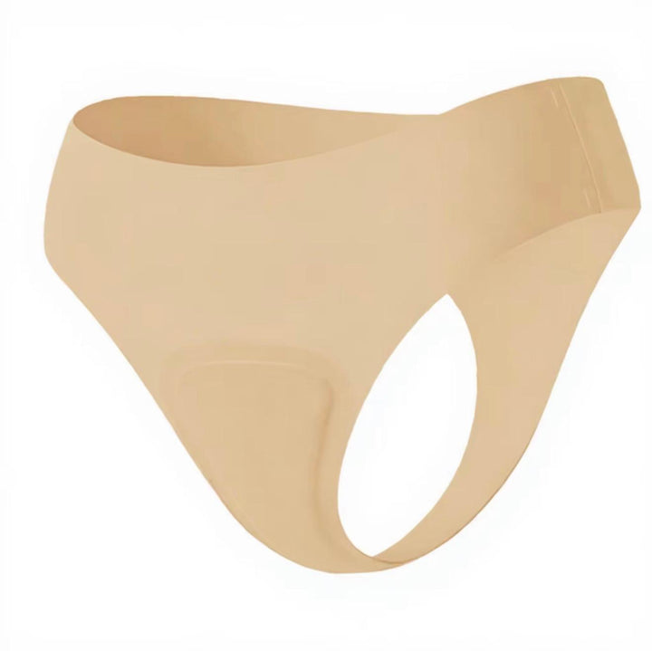 Beige seamless thong with a shaped front panel, shown on a white background