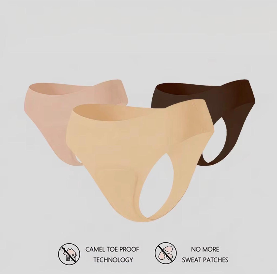 Seamless thongs in neutral shades with product feature icons beneath