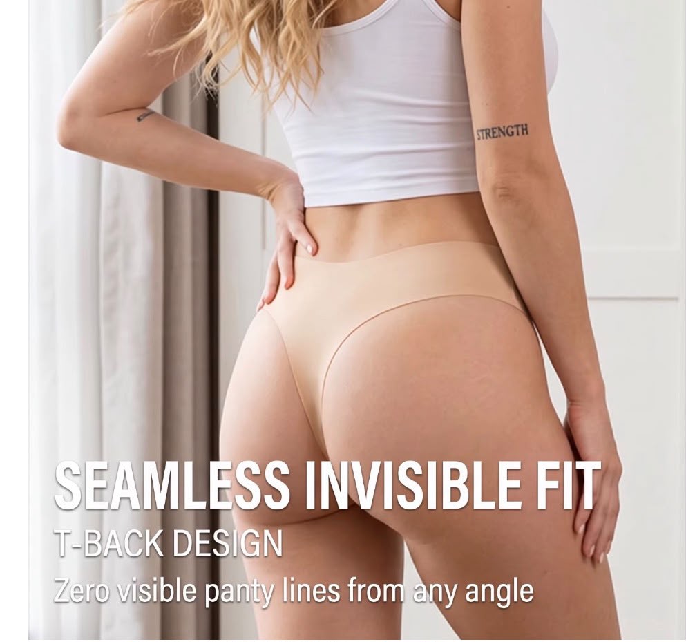 Rear view of the beige seamless thong with its T-back cut visible