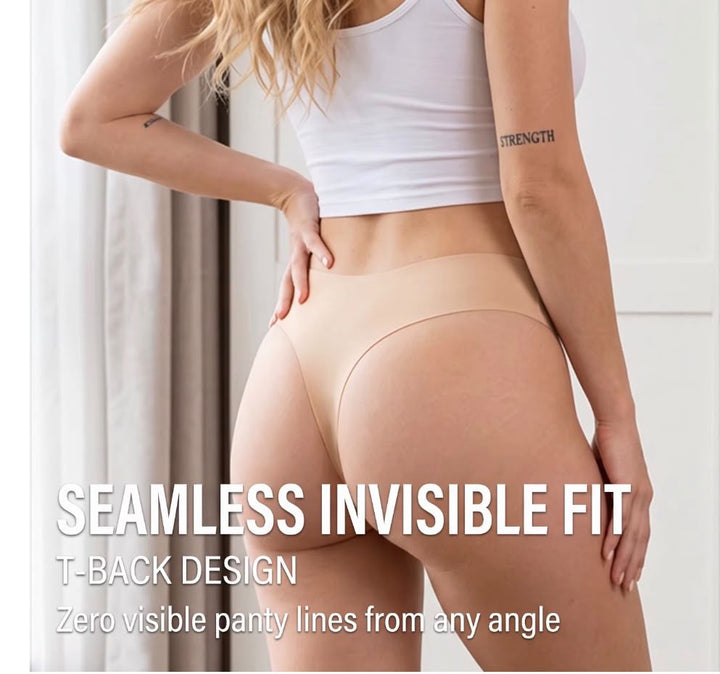 Rear view of the beige seamless thong with its T-back cut visible