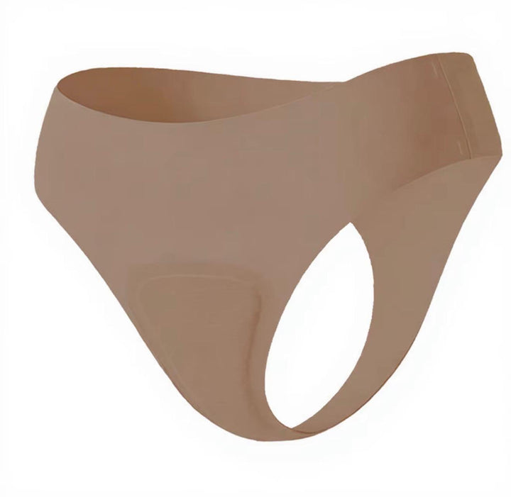 Taupe seamless thong with a shaped front panel on a white background
