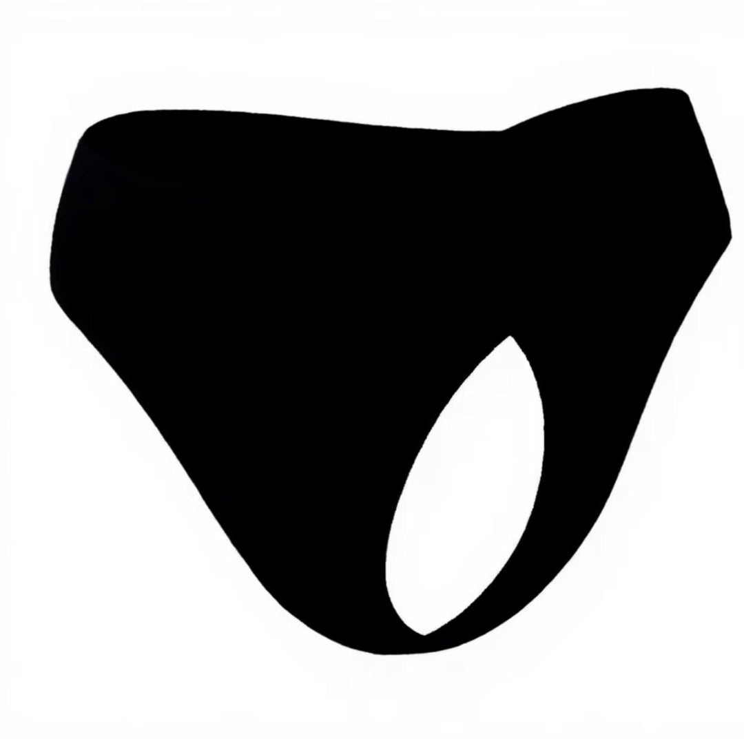Black seamless thong with a shaped front panel on a white background