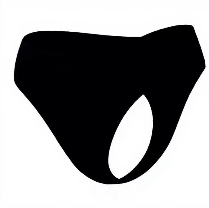 Black seamless thong with a shaped front panel on a white background
