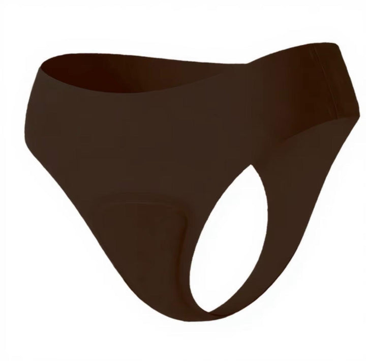 Dark brown seamless thong with a shaped front panel on a white background