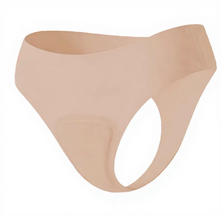 Pale pink seamless thong with a shaped front panel on a white background