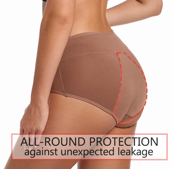Brown period underwear shown from the back with an illustration marking the protection area