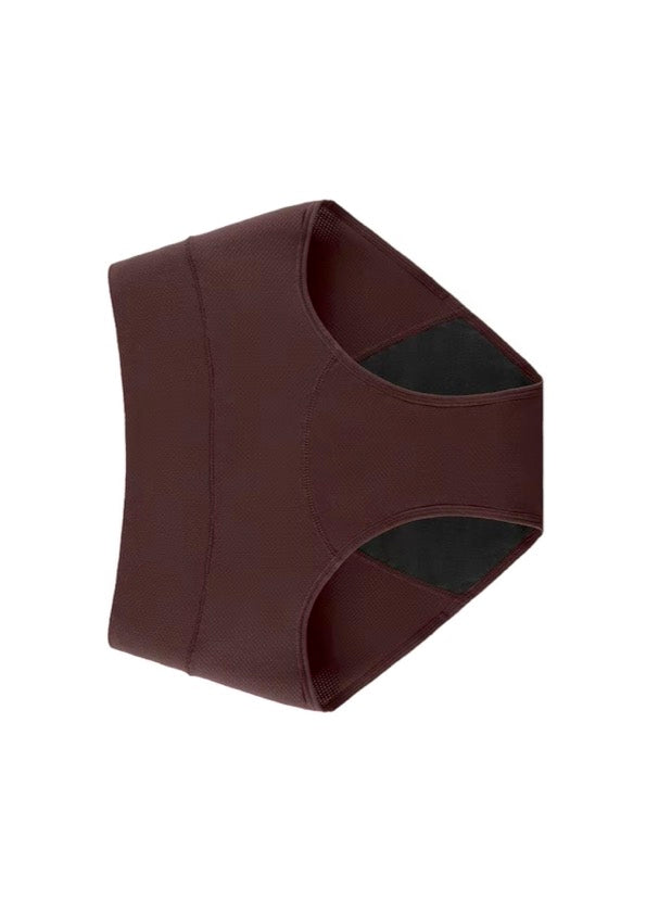 Burgundy period underwear shown at an angle with dark inner lining visible