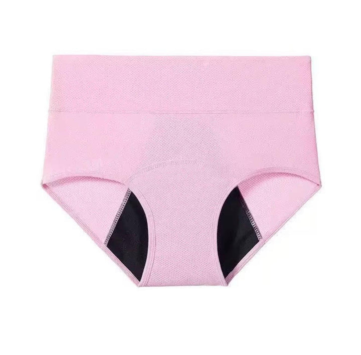 Pink period underwear with a wide waistband and dark inner lining