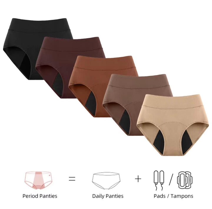 Period underwear in several neutral colours with a diagram comparing underwear and period products
