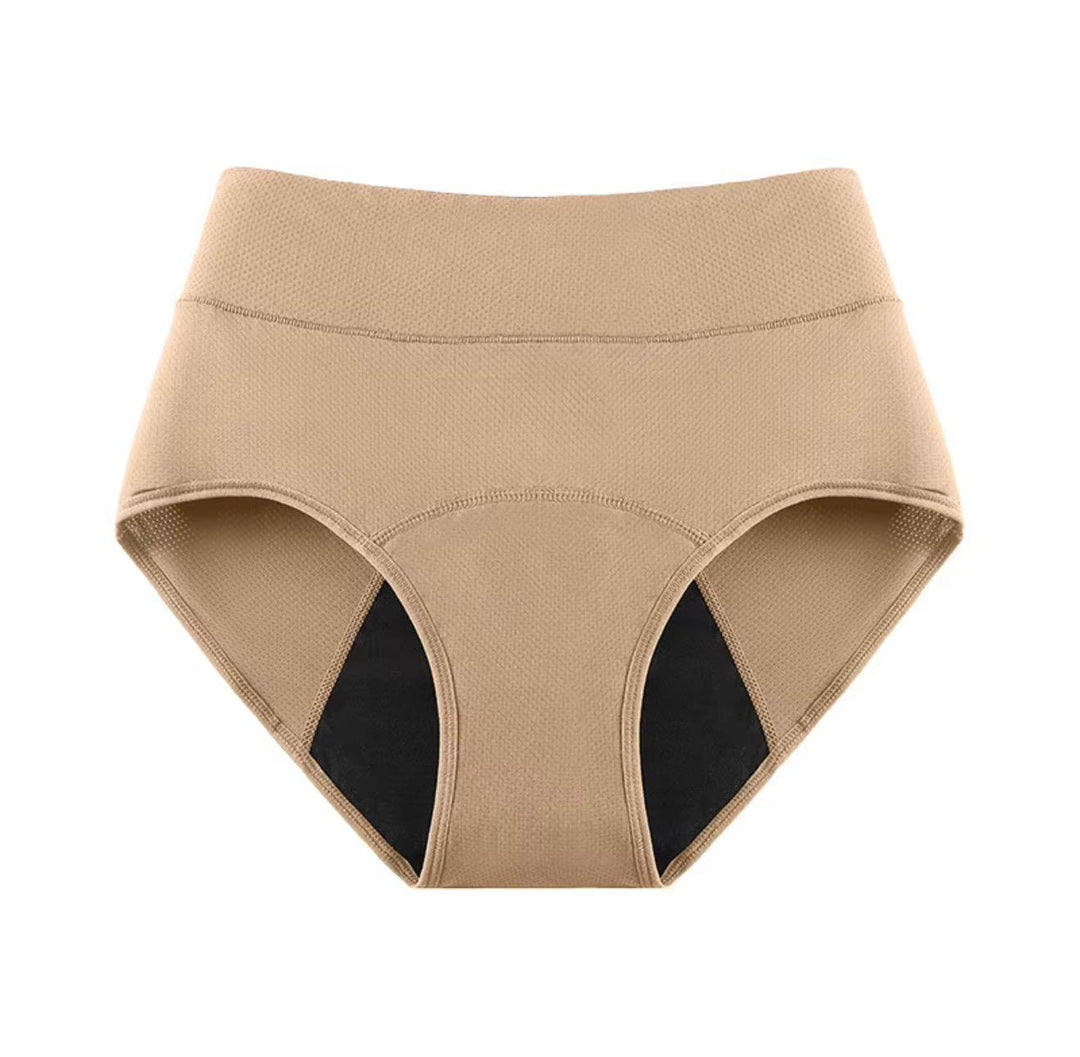 Beige period underwear showing the wide waistband and dark inner lining