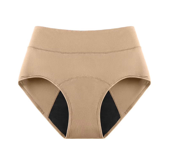Beige period underwear showing the wide waistband and dark inner lining