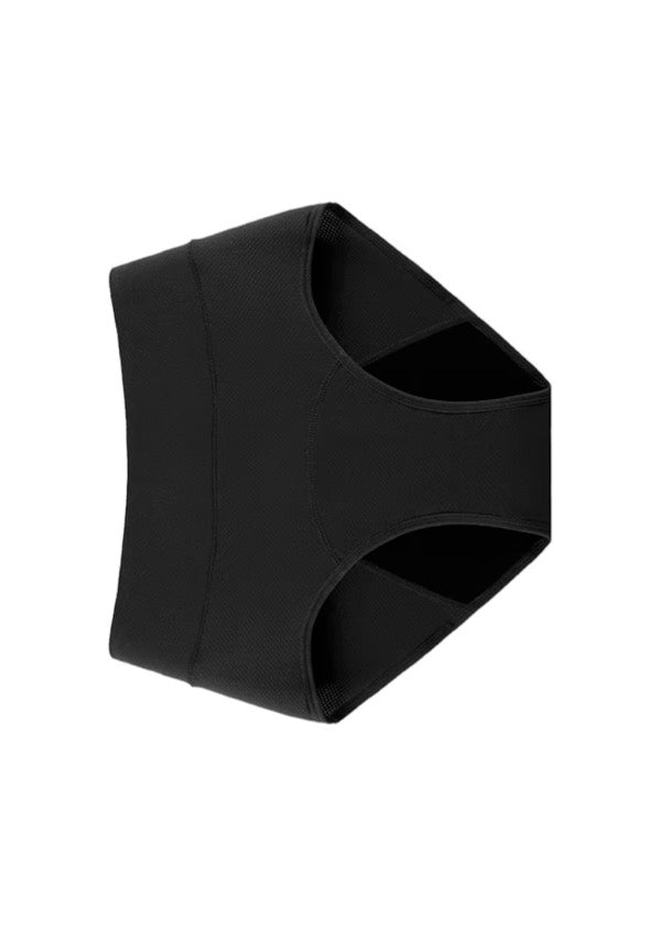 Black period underwear with a wide waistband, shown at an angle