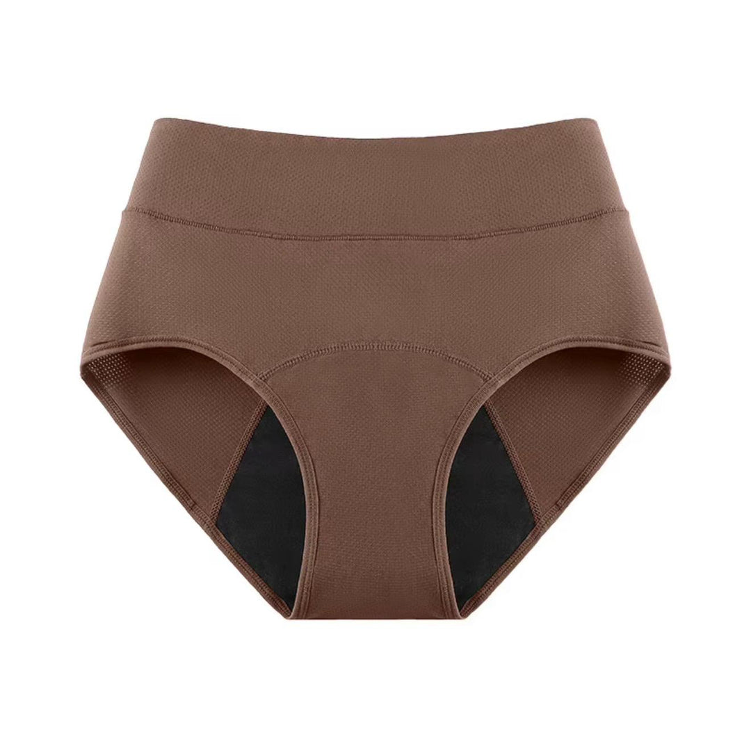 Light brown period underwear with a wide waistband and dark inner lining, front view