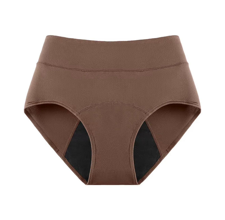 Light brown period underwear with a wide waistband and dark inner lining, front view