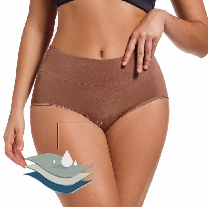 Model wearing brown period underwear with a three-layer construction illustration