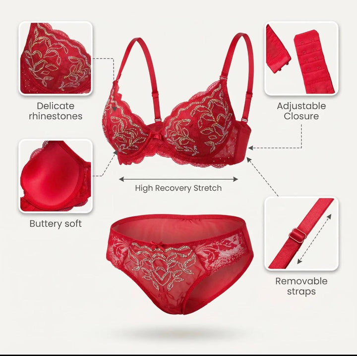 Red embroidered bra and matching panties with close-ups of lace, fastening and strap details